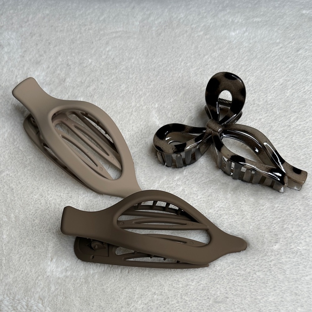 3 Piece Claw Clip Bundle 1 BOW Chunky Clip & 2 Flat Chunky Claws Tan & Brown